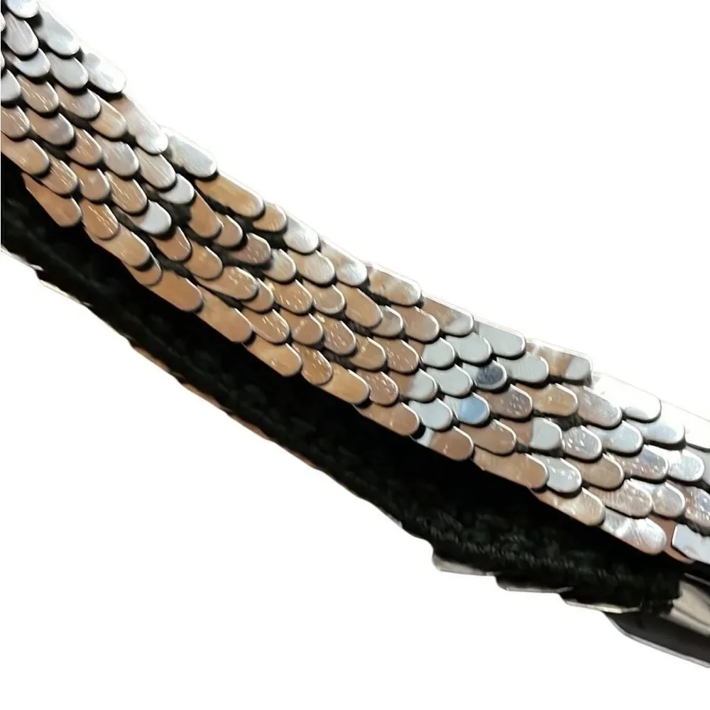 70s Vintage Stretch metal Scale Snake Flexible Belt Silver Floral 26” To 32